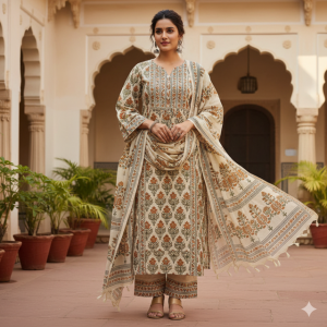 Cream Block Print Kurta Suit