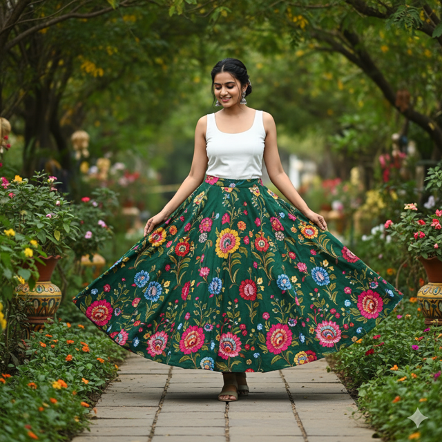 Green Floral Printed Skirt - Image 2